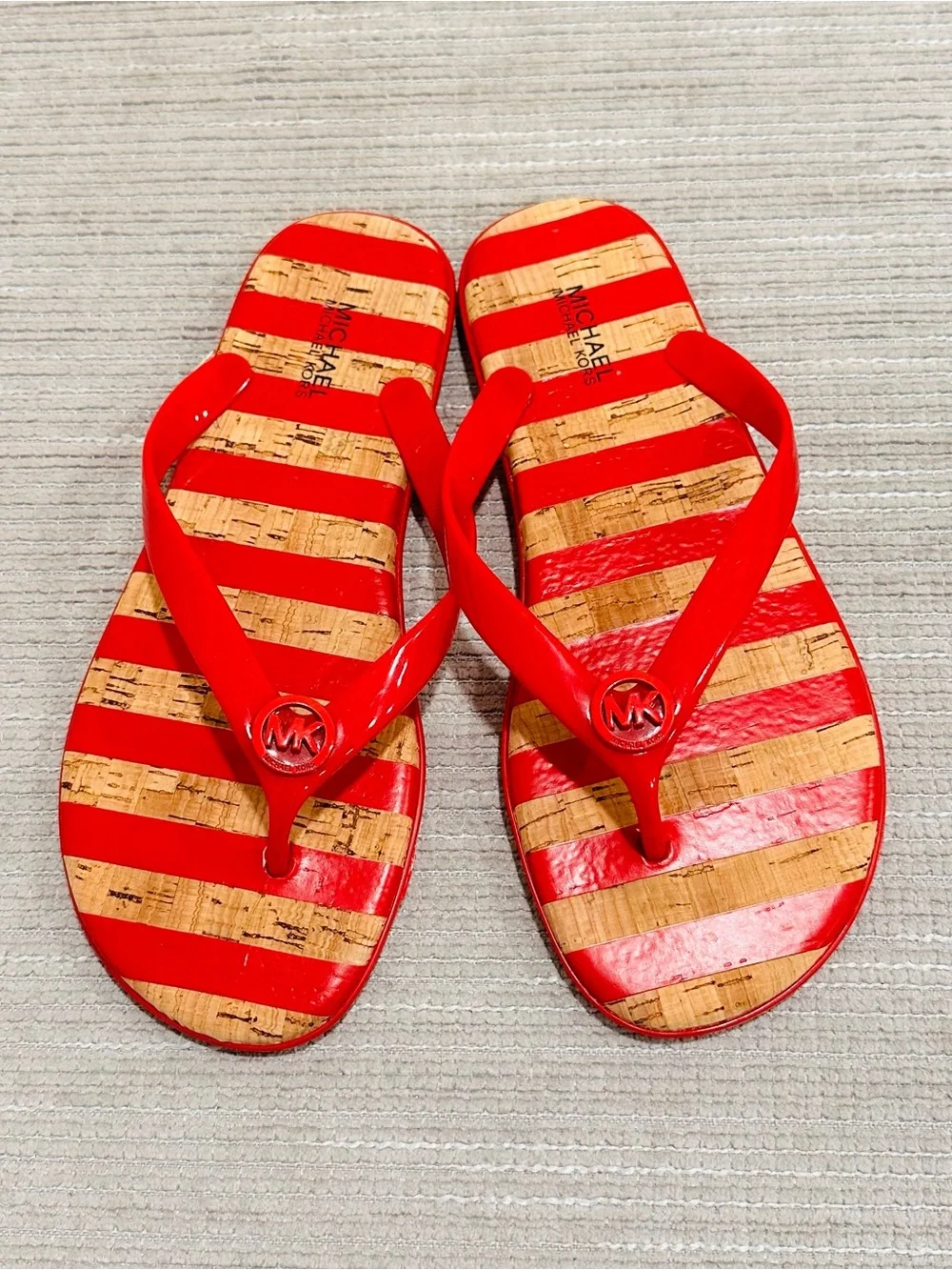 Michael Kors Women Sandal Size 7M Red Stripes Jelly Thong Slide Flip Flop